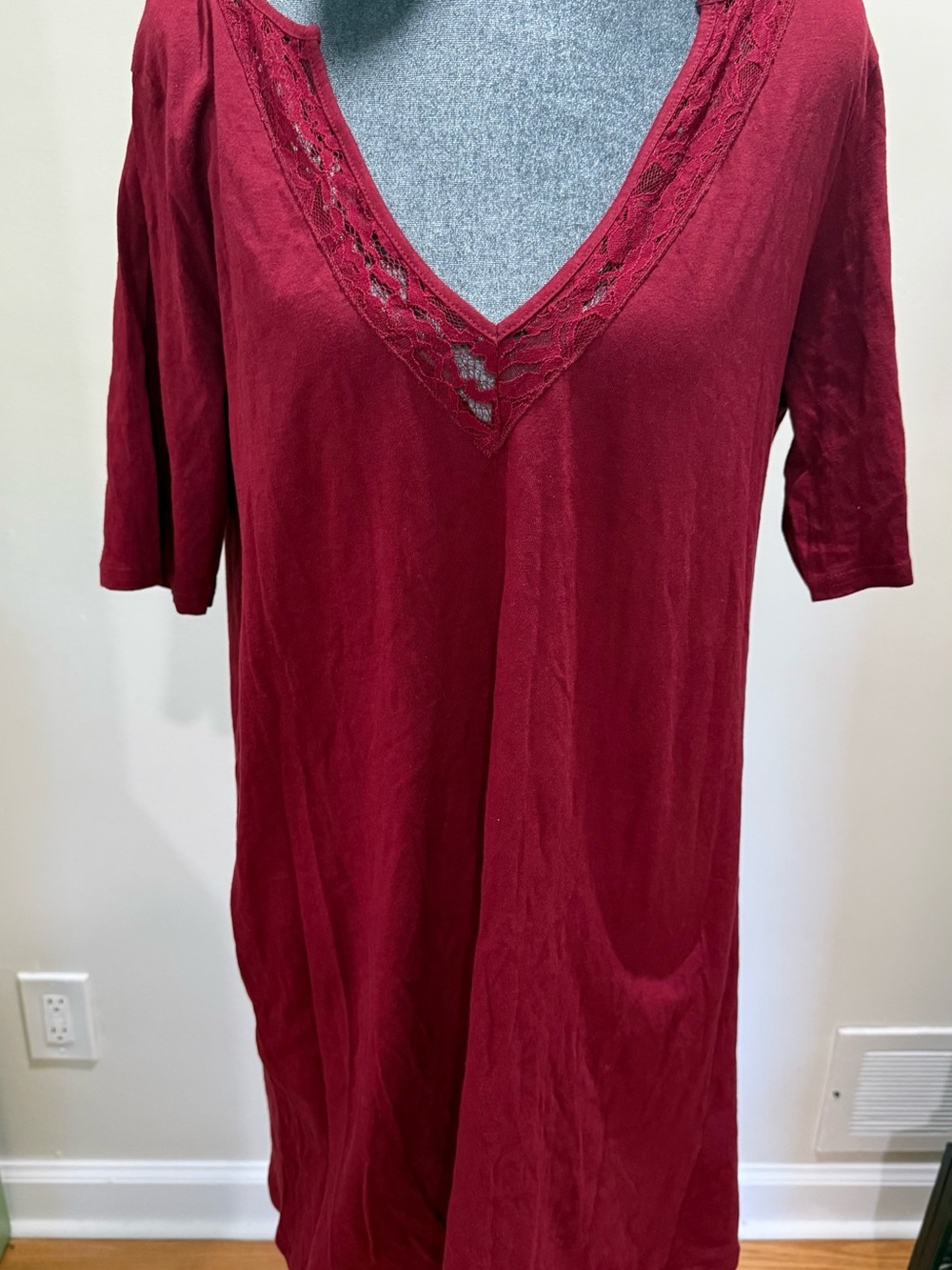 Pacifica Deep Red V-Neck Tunic with Lace Trim